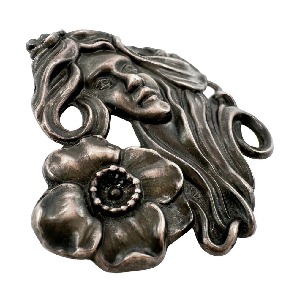 Antique Art Nouveau Sterling Silver Brooch Maiden with Flower, Gibson Girl Style - Picture 5 of 13